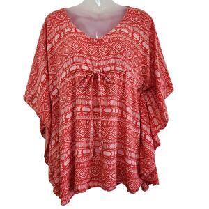 Napua Collection Honolulu Geometric Print Boho Swim Cover Up V-Neck Red